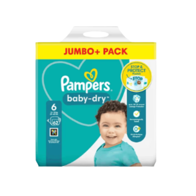 Pampers Baby Dry Pants Size 6 Jumbo Pack (13-18kg) - 62 pcs (Made In UK) Pampers Baby Dry Pants Size 6 Jumbo Pack (13-18kg) - 62 pcs (Made In UK) - Image 1