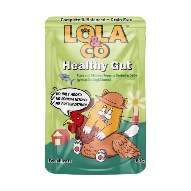 Lola & Co HEALTHY GUT Pouch Tuna &Chicken Topping Surimi in Jelly for All Cats 80gm Lola & Co HEALTHY GUT Pouch Tuna &Chicken Topping Surimi in Jelly for All Cats 80gm