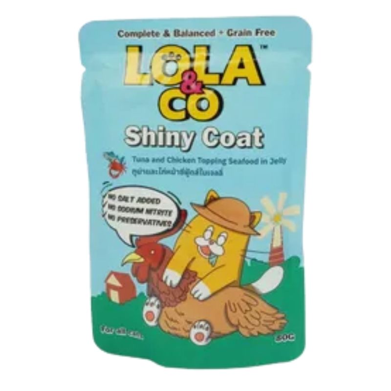 Lola & Co SHINY COAT Pouch Tuna & Chicken Topping Sea food in Jelly for Al lCats 80gm Lola & Co SHINY COAT Pouch Tuna & Chicken Topping Sea food in Jelly for Al lCats 80gm