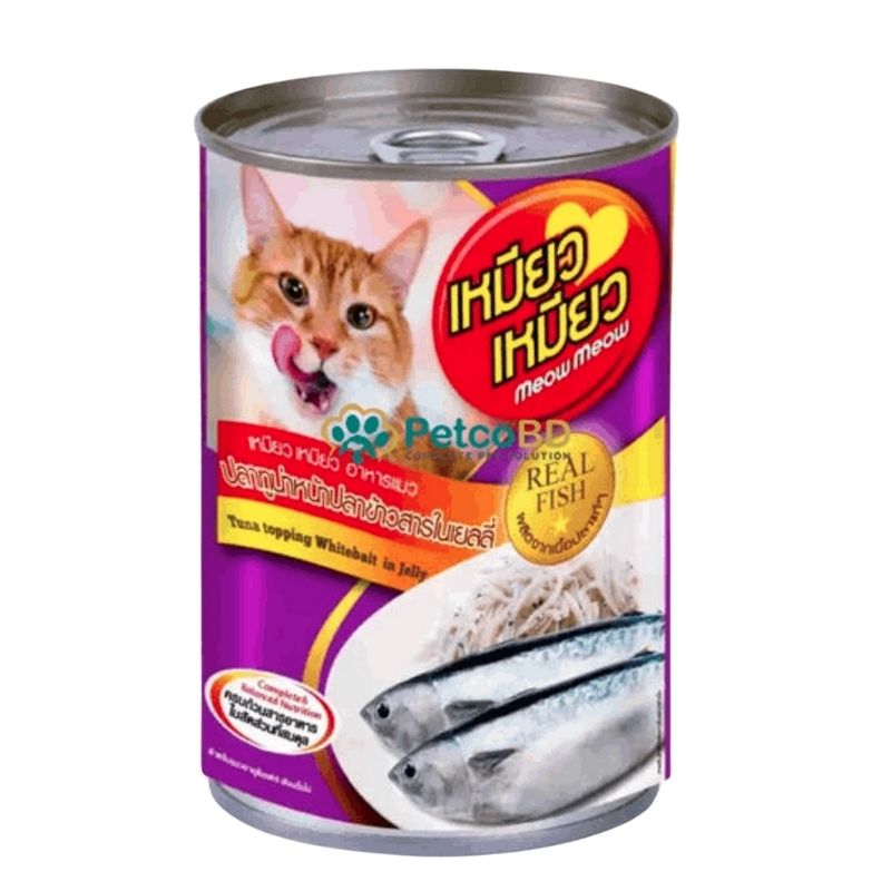 Meow Meow Adult Cat Food Real Fish Tuna Topping Whitebait In Jelly - 400g Can Meow Meow Adult Cat Food Real Fish Tuna Topping Whitebait In Jelly - 400g Can