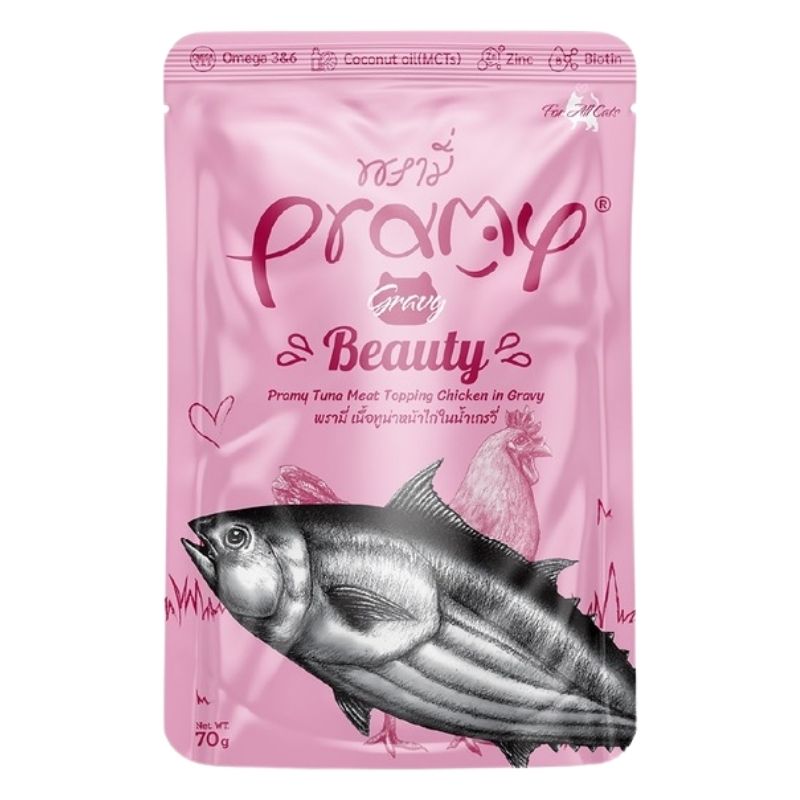 Pramy BEAUTY Pouch Tuna Meat Topping Chicken Meat in Gravy for All Cats 70gm Pramy BEAUTY Pouch Tuna Meat Topping Chicken Meat in Gravy for All Cats 70gm