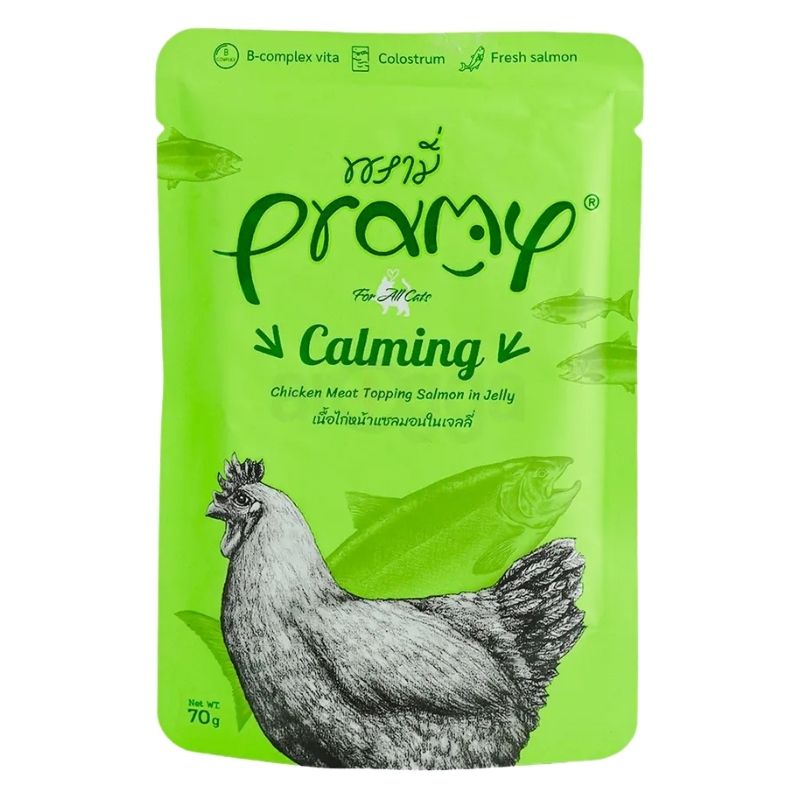 Pramy CALMIN ouch Chicken Meat Topping Salmon in Jelly for Adult 70gm Pramy CALMIN ouch Chicken Meat Topping Salmon in Jelly for Adult 70gm