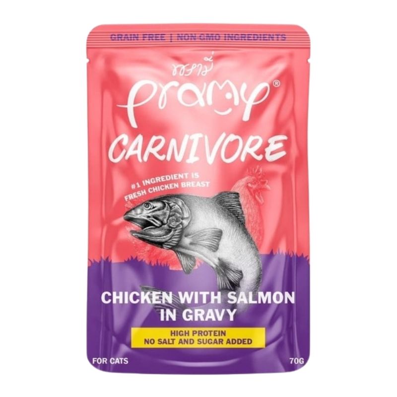 Pramy Carnivore Pouch Chicken with Salmon in Gravy for AllCats 70gm Pramy Carnivore Pouch Chicken with Salmon in Gravy for AllCats 70gm