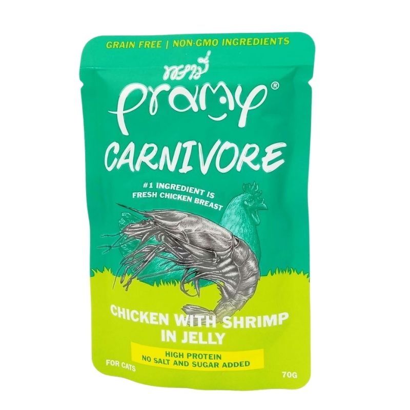 Pramy Carnivore Pouch Chicken with Shrimp in Jelly for All Cats 70gm Pramy Carnivore Pouch Chicken with Shrimp in Jelly for All Cats 70gm