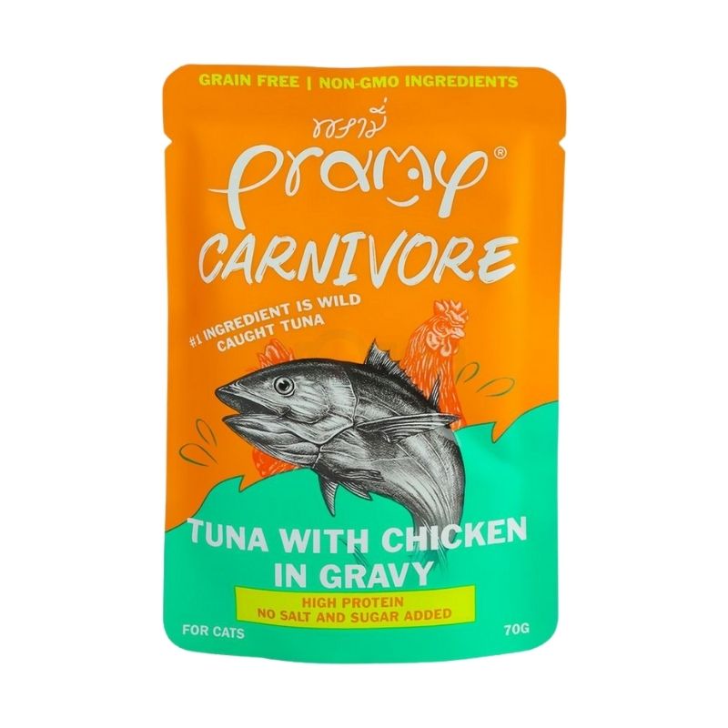 Pramy Carnivore Pouch Tuna with Chicken in Gravy for All Cats 70gm Pramy Carnivore Pouch Tuna with Chicken in Gravy for All Cats 70gm