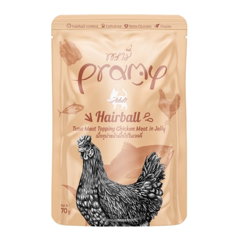 Pramy HAIRBALL Pouch Tuna Meat Topping Chicken Meat in Jelly for Adult 70gm Pramy HAIRBALL Pouch Tuna Meat Topping Chicken Meat in Jelly for Adult 70gm