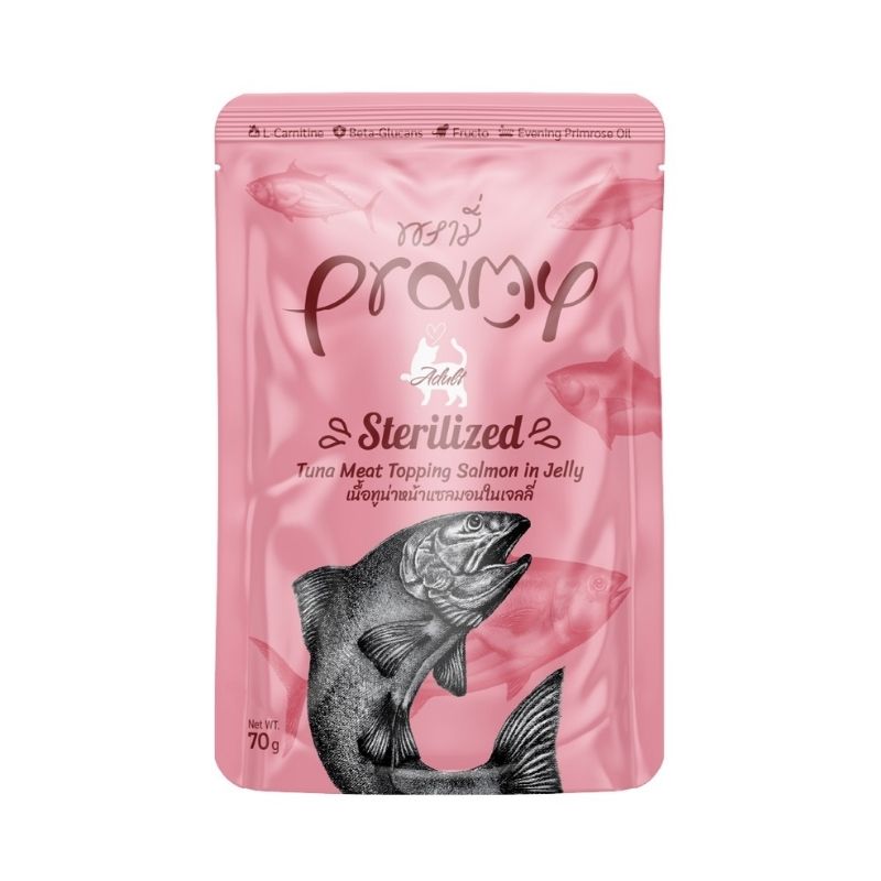 Pramy STERILIZED Pouch Tuna Meat Topping Salmon in Jelly for Adult 70gm Pramy STERILIZED Pouch Tuna Meat Topping Salmon in Jelly for Adult 70gm