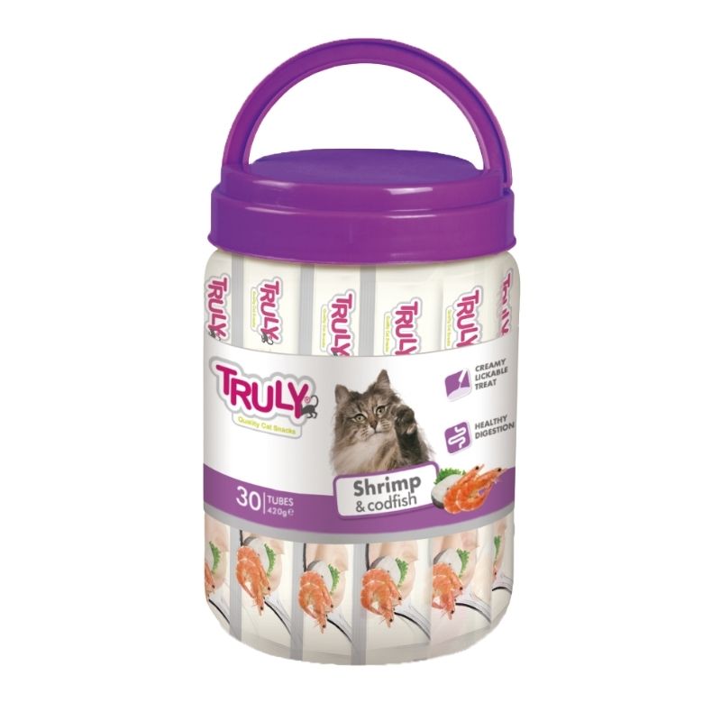 Truly Creamy Lickable Cat Treat Shrimp And Codfish in jars 30Pcs (14g x 30) Truly Creamy Lickable Cat Treat Shrimp And Codfish in jars 30Pcs (14g x 30)