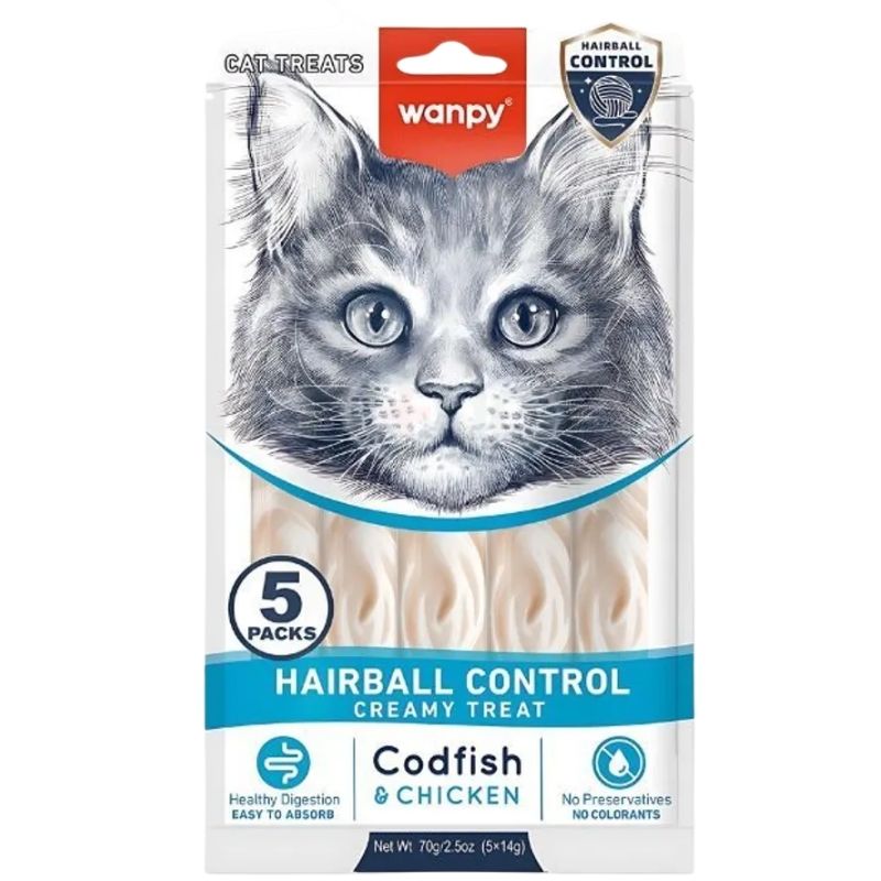Wanpy Creamy Treat Hairball Control Codfish & Chicken (5_14gm) Wanpy Creamy Treat Hairball Control Codfish & Chicken (5_14gm)