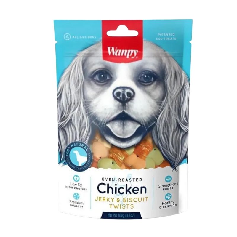 Wanpy Dog Treat Oven Roasted chicken Jerky & Biscuit Twists 100g Wanpy Dog Treat Oven Roasted chicken Jerky & Biscuit Twists 100g
