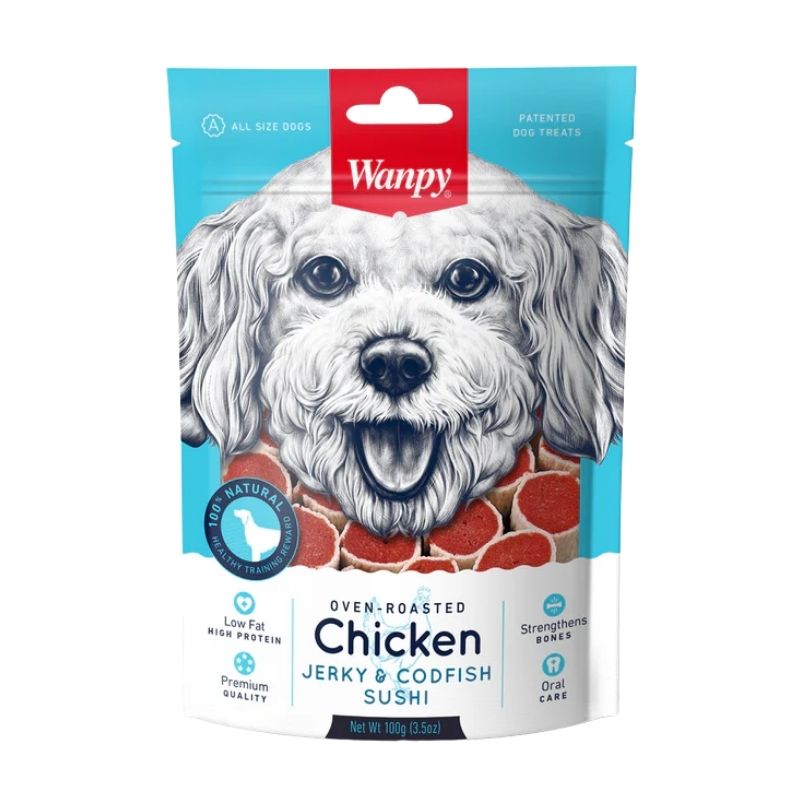 Wanpy Dog Treat Oven Roasted chicken Jerky & Cod Fish Sushi 100g Wanpy Dog Treat Oven Roasted chicken Jerky & Cod Fish Sushi 100g