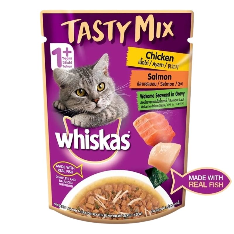 Whiskas Pouch Tasty Mix Chicken Salmon Wakame seaweed In Gravy Whiskas Pouch Tasty Mix Chicken Salmon Wakame seaweed In Gravy